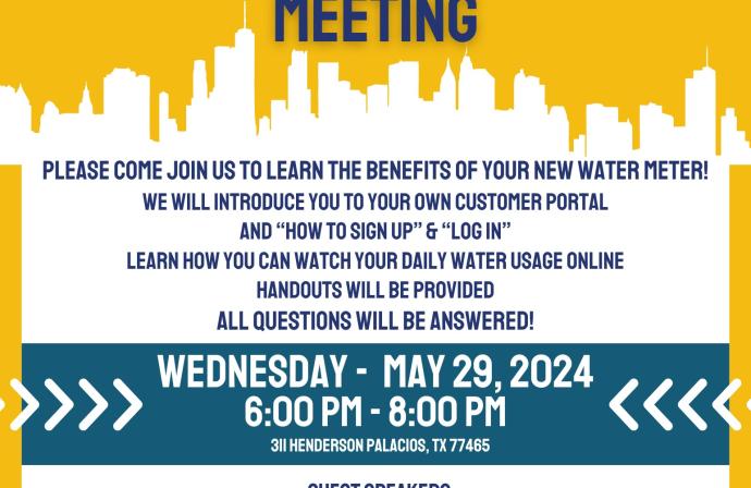 Town Hall Meeting for new customer portal training event on May 29th from 6-8pm at City Hall in Palacios