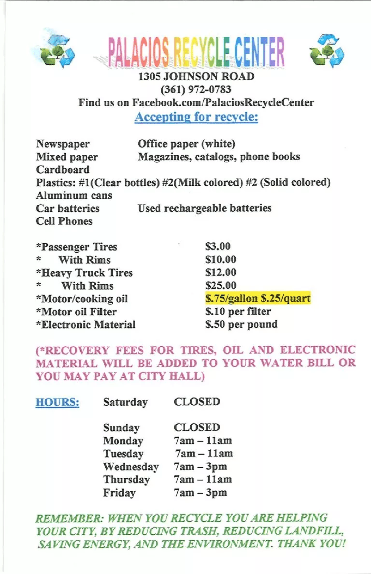 City of Palacios Recycle Center Hours